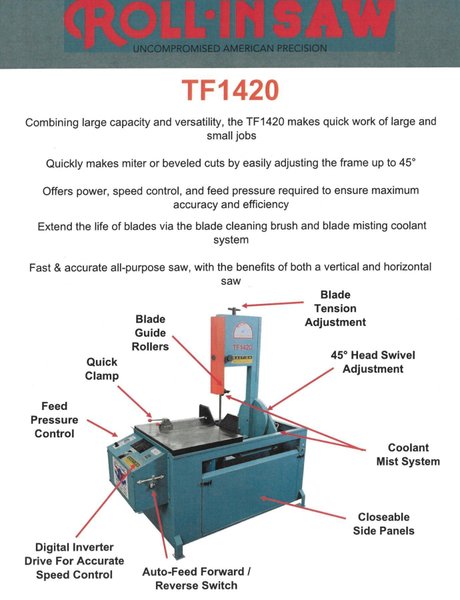 ROLL-IN MODEL TF1420 TILT FRAME VERTICAL BANDSAW w/ 10' ROLLER TABLE, NEW: 2019