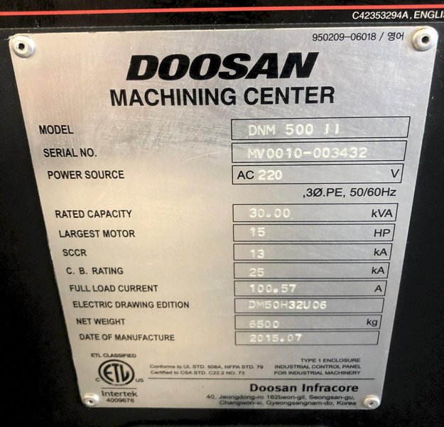 Doosan DNM500-II Vertical Machining Center 2015