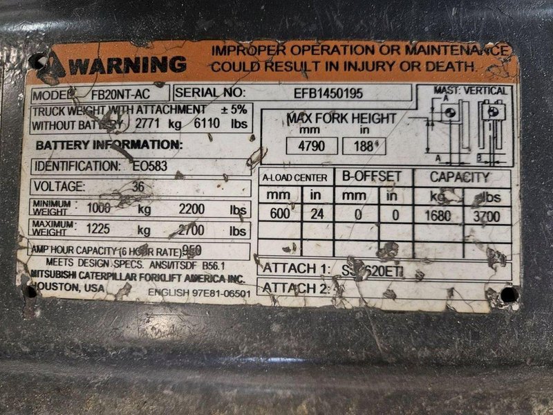 3,700 LB MITSUBISHI FB20NT-AC ELECTRIC FORKLIFT W/ CHARGER. STOCK # 0670325.