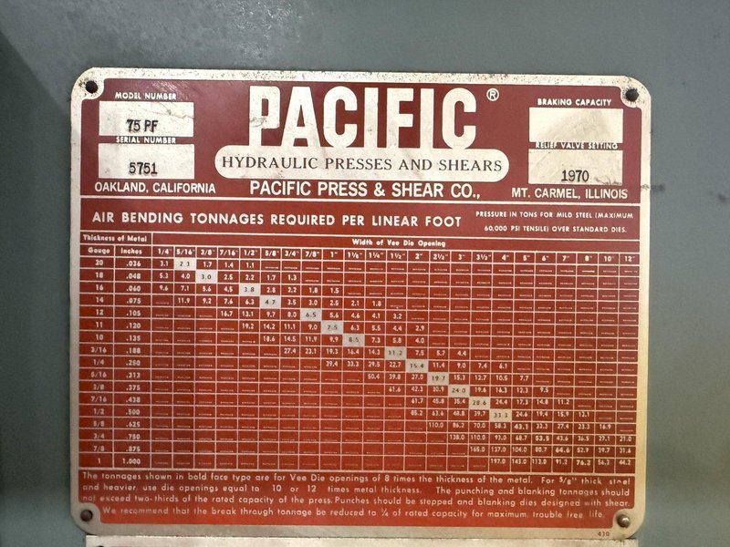 75 TON PACIFIC MODEL #75PF PRESSFORMER HYDRAULIC PRESS 10" STROKE: YOBRO #25330