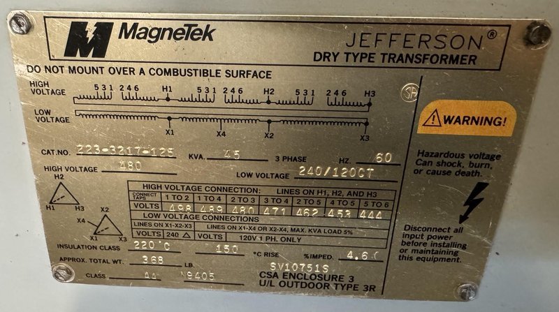 45 KVA MagneTek Three Phase Transformer, H.V. 480, L.V. 240/120 CT