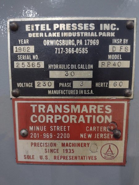 40 TON EITEL MODEL #RP40 HYDRAULIC C-FRAME PRECISION STRAIGHTENING PRESS: YOBRO #24157