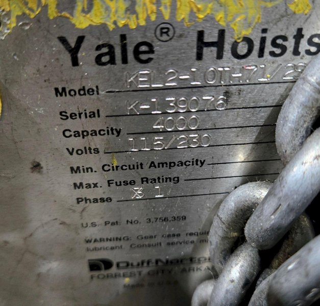 YALE KEL2-10TH71/2S 2 TON ELECTRIC CHAIN HOIST 10FT LIFT USED
