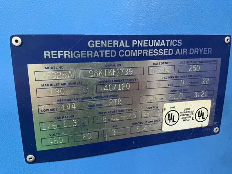 GENERAL PNEUMATICS 1.5 HP REFRIGERATED COMPRESSED AR DRYER  -  TKF325A
