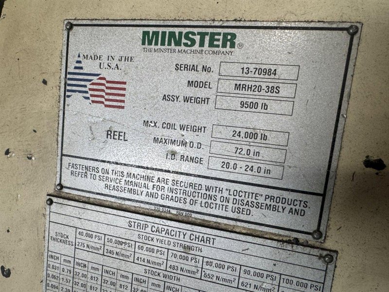24,000 lbs. x 32&quot; Width Minster Coil Reel and Minster Powered Straightener,  Model#MRH20-38S &amp; MSH30-32-7, Year 2007
