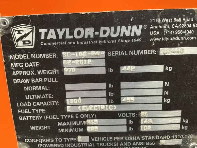 TAYLOR-DUNN 1000 lbs ELECTRIC STOCK CHASER CART  -  SC-100-24