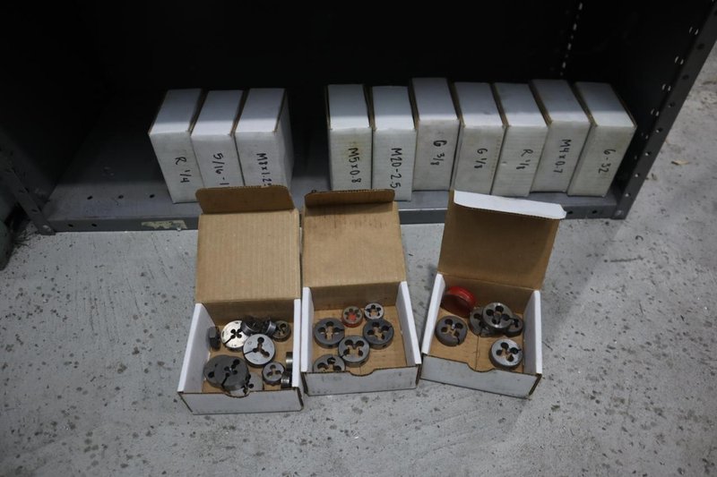 Threading Dies - Many Sizes - with Metal Shelving- Auction Item