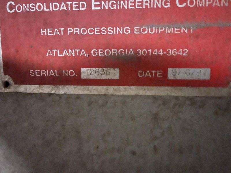 2- 1997 CEC drop bottom heat treat furnaces s/n 2636 and 2650 with common traveling quench tank, 2- drop bottom furnaces, controls, work area is 68" x 120" x 84" high, 100" quench tank, 5,000# capacity, 10 second quench, gas fired