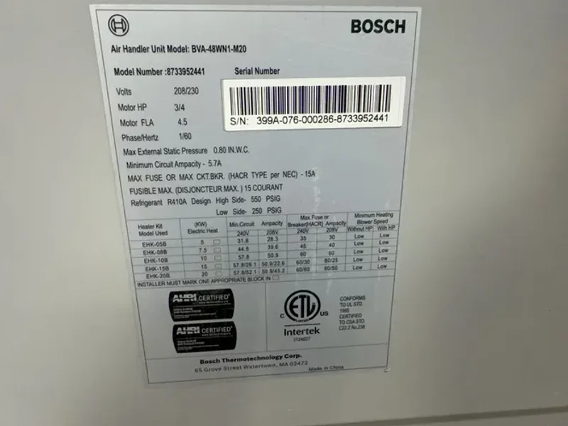 BOSCH AIR HANDLER UNIT  -  BVA-48WN1-M20