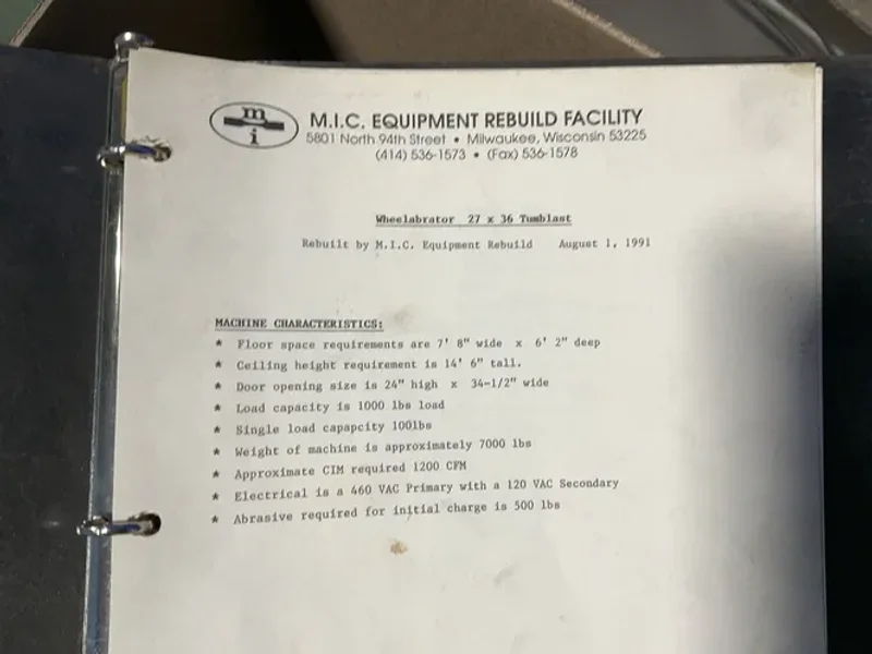 WHEELABRATOR 27” X 36”, 1000 LBS SHOT BLASTER