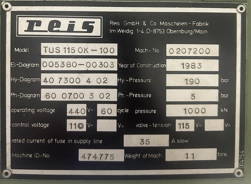 100 TON REIS MODEL #TUS 115-OK-100 DIE TRYOUT &amp; SPOTTING HYDRAULIC PRESS: YOBRO 25155
