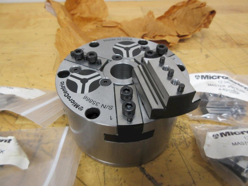 Microcentric 4-120-3, Rotating Air Chucks, 4" 3-Jaw with (6) 12 040 247 Spare Master Jaw Blanks  ***Looks New, Unused***- Auction Item