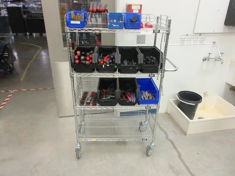 Hand Tools, Large Assortment including Screw Drivers, Pliers, Channel Locks, Vise Grips and MORE on Uline 4-Shelf 36" x 18" x 60" Metal Wire Rolling Cart- Auction Item