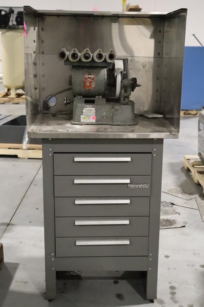 Black Diamond 2C DRILL GRINDER, Assorted Collets &amp; Grinding Wheels, Mounted on Kennedy 5-Drawer Cabinet w/ Dust Shroud- Auction Item