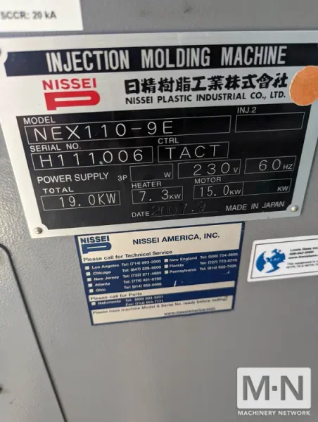 121 TON 3 OZ NISSEI MODEL NEX110-9E INJECTION MOLDING MACHINE MFG 2007