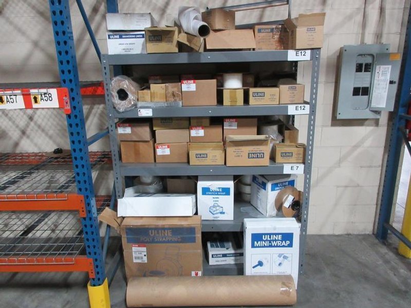 Metal Adjustable 5 Shelf Unit with Uline Packing Supplies, Bags, Stretch Wrap, Tape and More- Auction Item