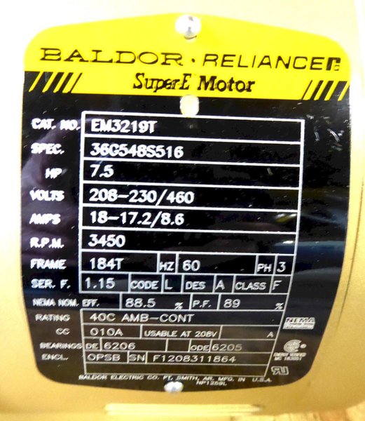 7-1/2 HP Baldor Motor, 184T, 3450 RPM, 3 Phase, New In Box