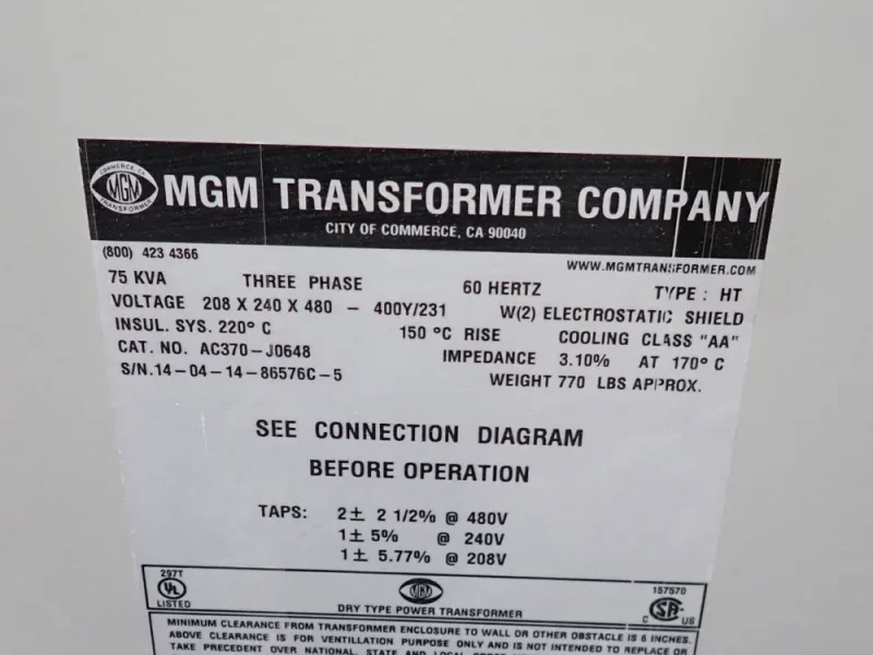 MGM 75 KVA TRANSFORMER  -  AC370-J0648
