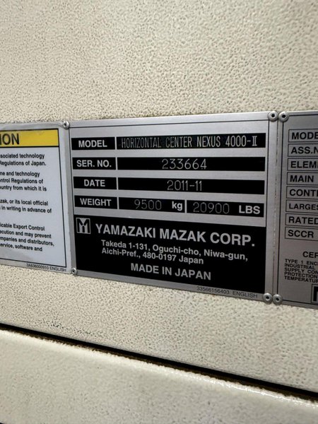 MAZAK NEXUS 4000-2 CNC HORIZONTAL MACHINING CENTER (YEAR NEW 2011). STOCK #1112125