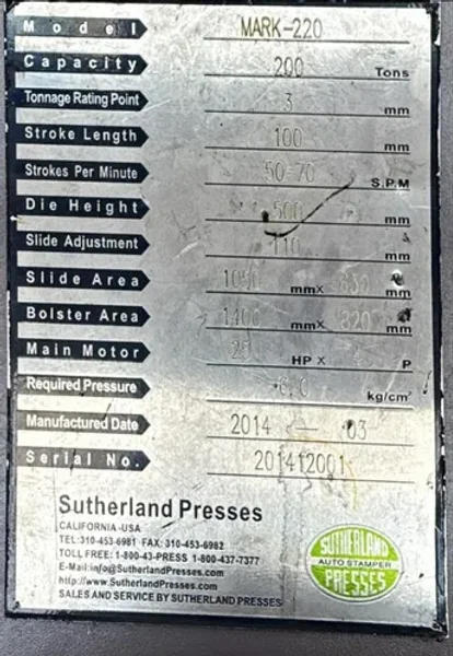 Sutherland 200 Ton Gap Frame Press - Mark-220