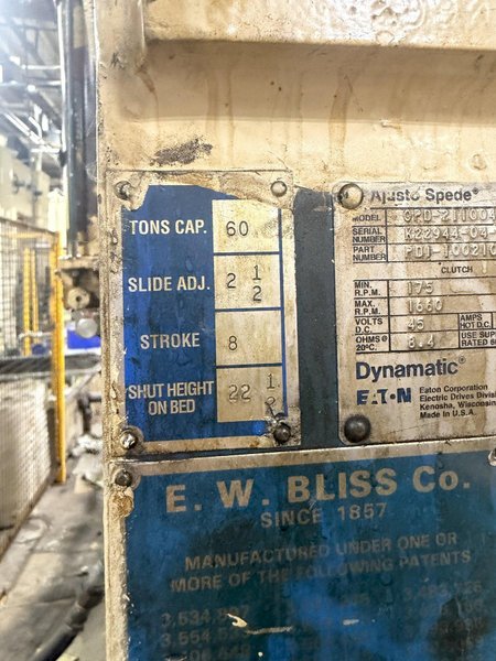 60 TON BLISS MODEL #C2-60 GAP FRAME STAMPING PRESS 8" STROKE: YOBRO #24932