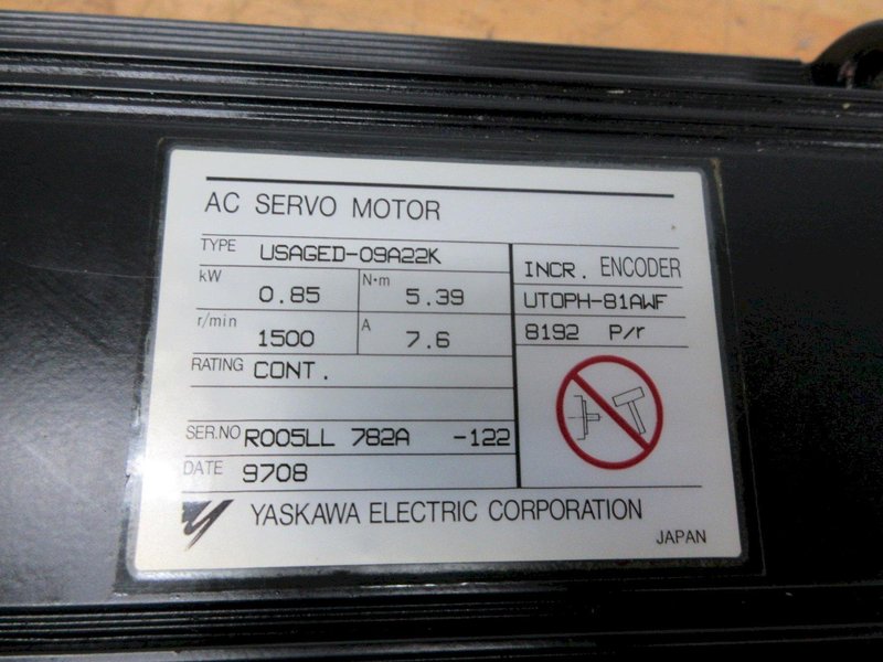 Used Haas Servo Axis Motor Sigma 1- 09 (Long) Part #93-62-0013 (Yaskawa Model USAGED-09A22K), With Coupling
