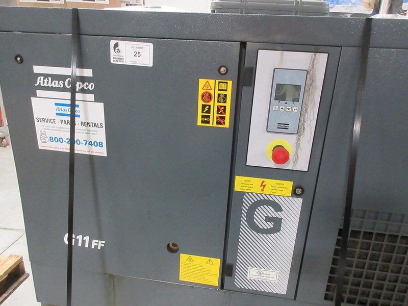 Atlas Copco G11FF 15Hp Rotary Screw Air Compressor W/ Dryer, 120 Gal Air Tank 125 PSI &amp; Spare Parts- Auction Item