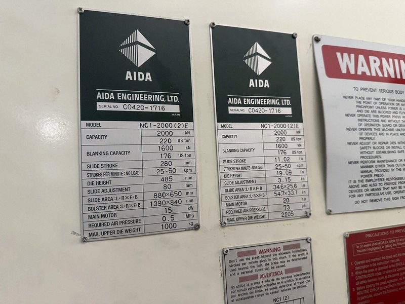 220 TON AIDA GAP FRAME METAL STAMPING PRESS