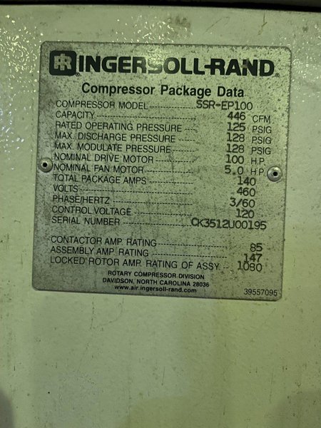 2000 Ingersoll rand model SSR-EP100 100 hp Screw type  air compressor s/n CK3512U00195, 64,812 hours  air cooled