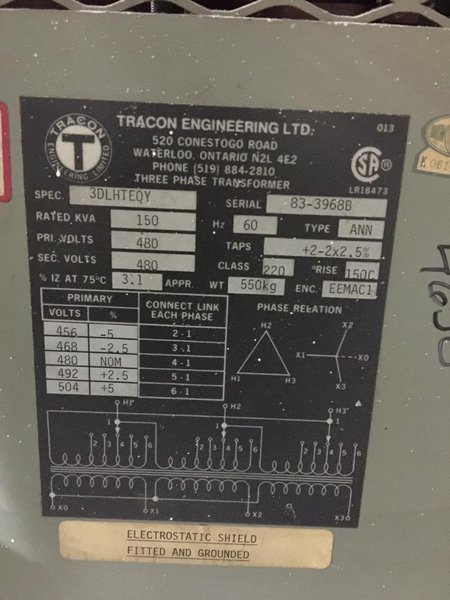 Tracon Transformer 150 KVA 480 V Primary 480 V Secondary