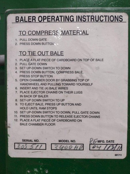 30" X 48" PTR MODEL #3400HD HYDRAULIC VERTICAL BALER: YOBRO #25712