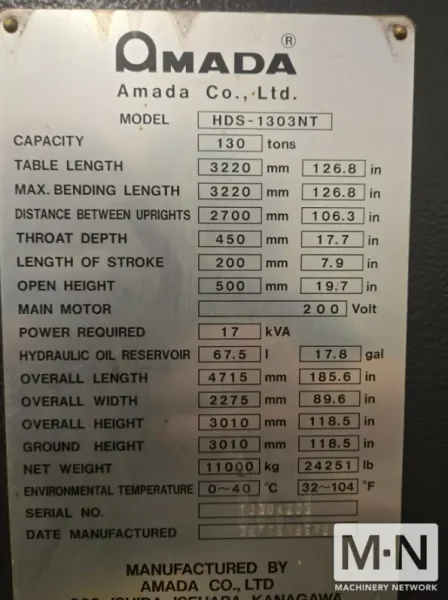 143 Ton 10' Amada HDS-1303NT CNC Hydraulic Press Brake, 2011 w/ Back Gauge