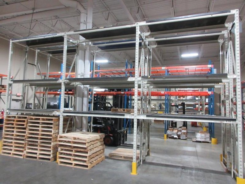 Pallet Racking Back to Back, Tab and Slot Style (8) 14'x32" Uprights, (18) 8' Shelves with Steel Plate Decking, *No Contents*- Auction Item
