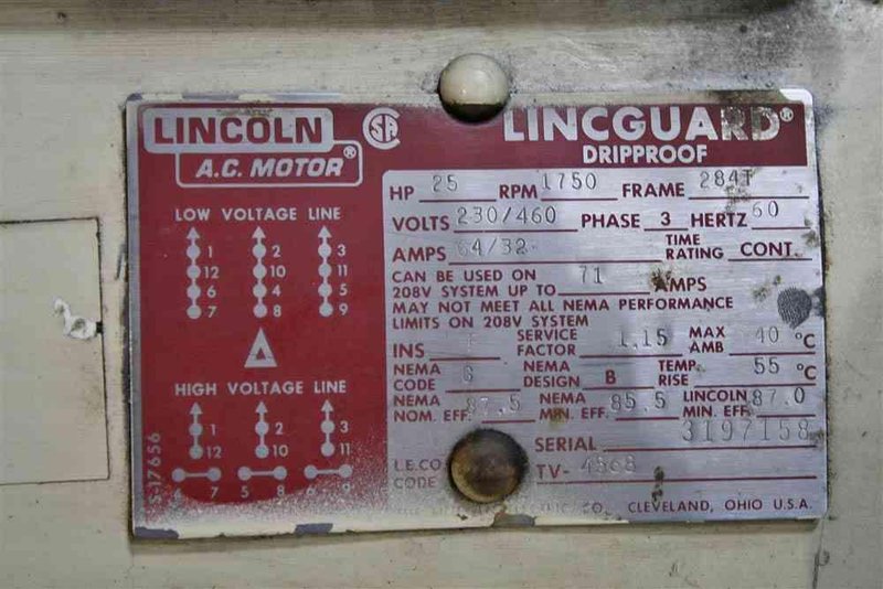 25 HORSEPOWER LINCOLN AC DRIPPROOF ELECTRIC MOTOR: STOCK #54122
