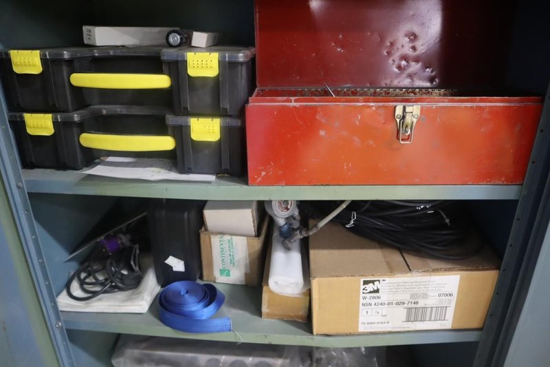 2 Door Metal Cabinet with Contents, Hand Tools, Powder Coating Gun and Cabinet Parts,  Air Fittings- Auction Item