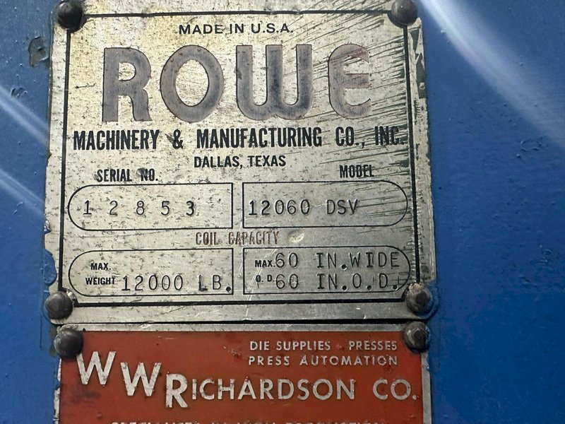 12,000 LB X 72&quot; ROWE MODEL #12060-DSV POWERED COIL REEL / UNCOILER WITH HOLD DOWN ARM: STOCK 20234