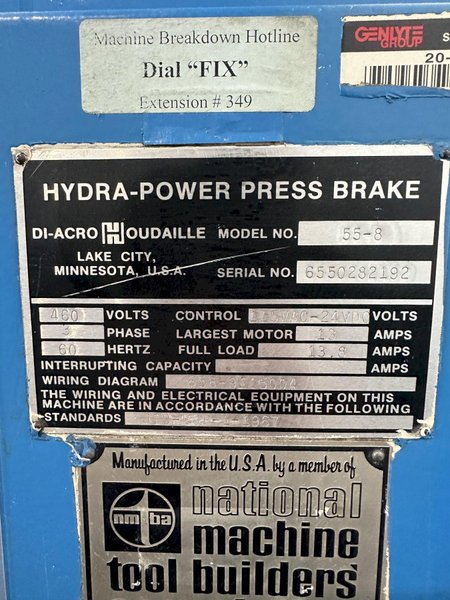 55 TON X 8' DI-ACRO 55-8 HYDRA-POWER PRESS BRAKE W/ AUTOMEC PC-800 CONTROLLER. STOCK # 0951523