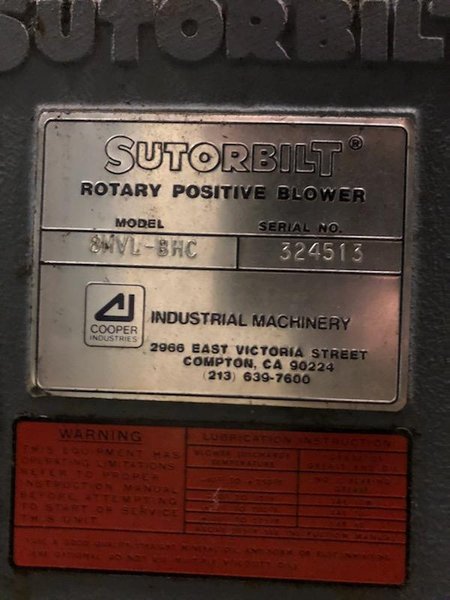 SUTORBILT, POSITIVE DISPLACEMENT BLOWER/VACUUM PUMP 8MVL-BHC  75HP DRIVE STOCK# 2104