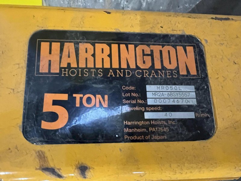 10,000 LB (5 TON) HARRINGTON MOTORIZED CHAIN HOIST W/ POWER TROLLEY: STOCK #19957
