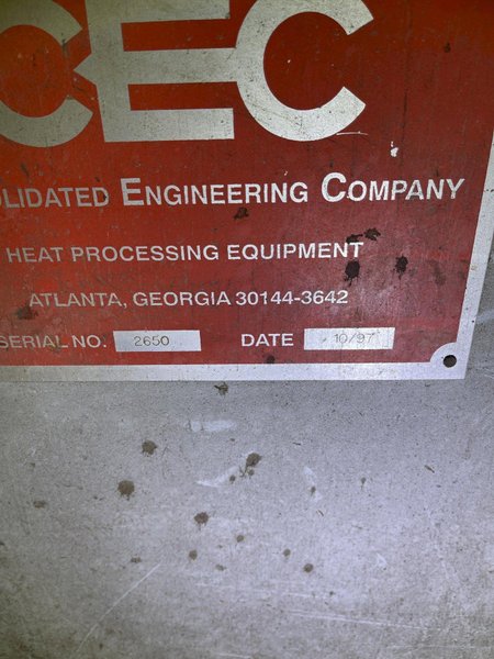 2- 1997 CEC drop bottom heat treat furnaces s/n 2636 and 2650 with common traveling quench tank, 2- drop bottom furnaces, controls, work area is 68" x 120" x 84" high, 100" quench tank, 5,000# capacity, 10 second quench, gas fired