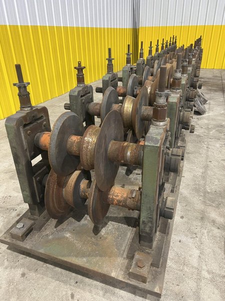 12 STAND X 3&quot; ARBOR X 20&quot; ROLLSPACE ASC RAFTED ROLLFORMER STANDS ON 3 BASES: STOCK #19936