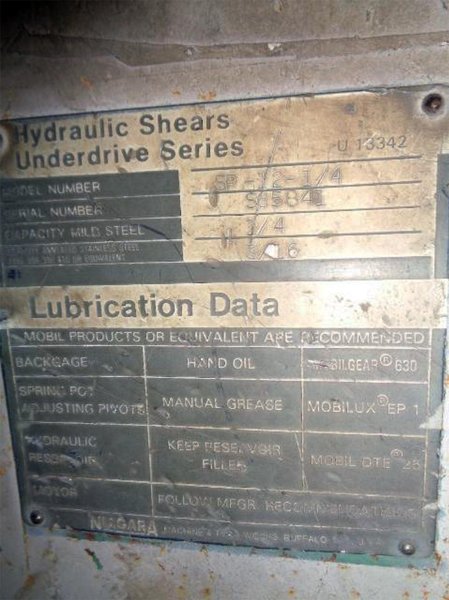 1/4" X 12' NIAGARA MODEL SP-12-1/4 HYDRAULIC SHEAR