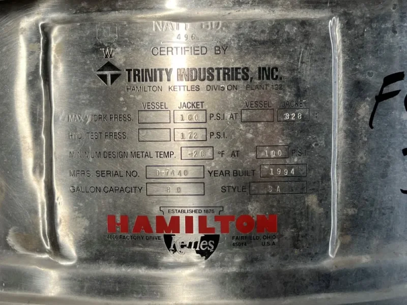 HAMILTON 80 GALLONS 80 Gal Hamilton Double Motion Kettle, S/S
