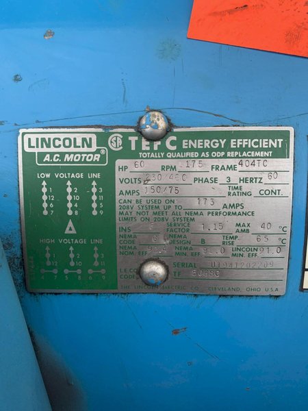 60 HP LINCOLN AC MOTOR. STOCK # 0254924