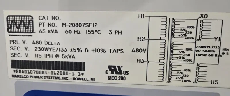 MARELCO POWER SYSTEMS TRANSFORMER M-20807SEI2 65KVA 480V/230V USED