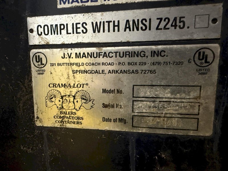 84" X 48" X 48" JV MFG MODEL #DXR-84 CRAM-A-LOT VERTICAL HYDRAULIC CARDBOARD BALER: YOBRO #24667