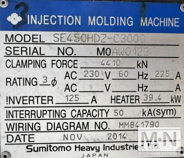 500 TON 61 OZ  SUMITOMO MODEL SE450EV-A-C3000 ELECTRIC INJECTION MOLDING MACHINE MFG 2014/2013 (2) AVAILABLE