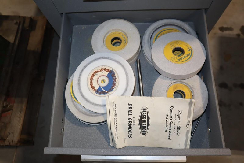 Black Diamond 2C DRILL GRINDER, Assorted Collets &amp; Grinding Wheels, Mounted on Kennedy 5-Drawer Cabinet w/ Dust Shroud- Auction Item