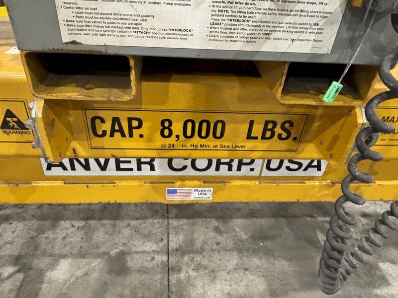 8,000 LBS X 60&#039; X 8&#039; ANVER MODEL  82001216 (E800M16-642A-8/53) VACUUM SHEET LIFTER, 2015: STOCK 22458