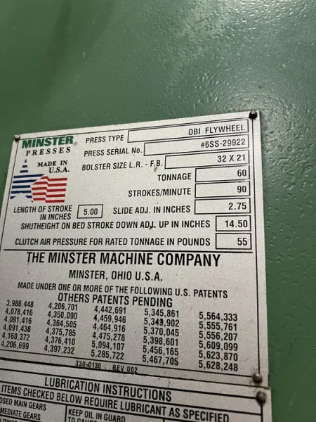 MINSTER 60 TON OBI PRESS, STOCK# 14289J